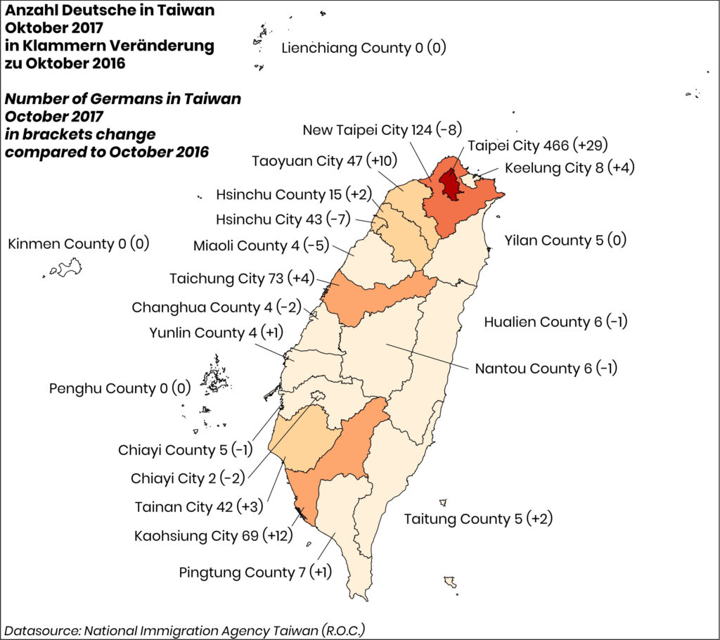 Karte von Taiwan mit Anzahl Deutscher in jedem County
