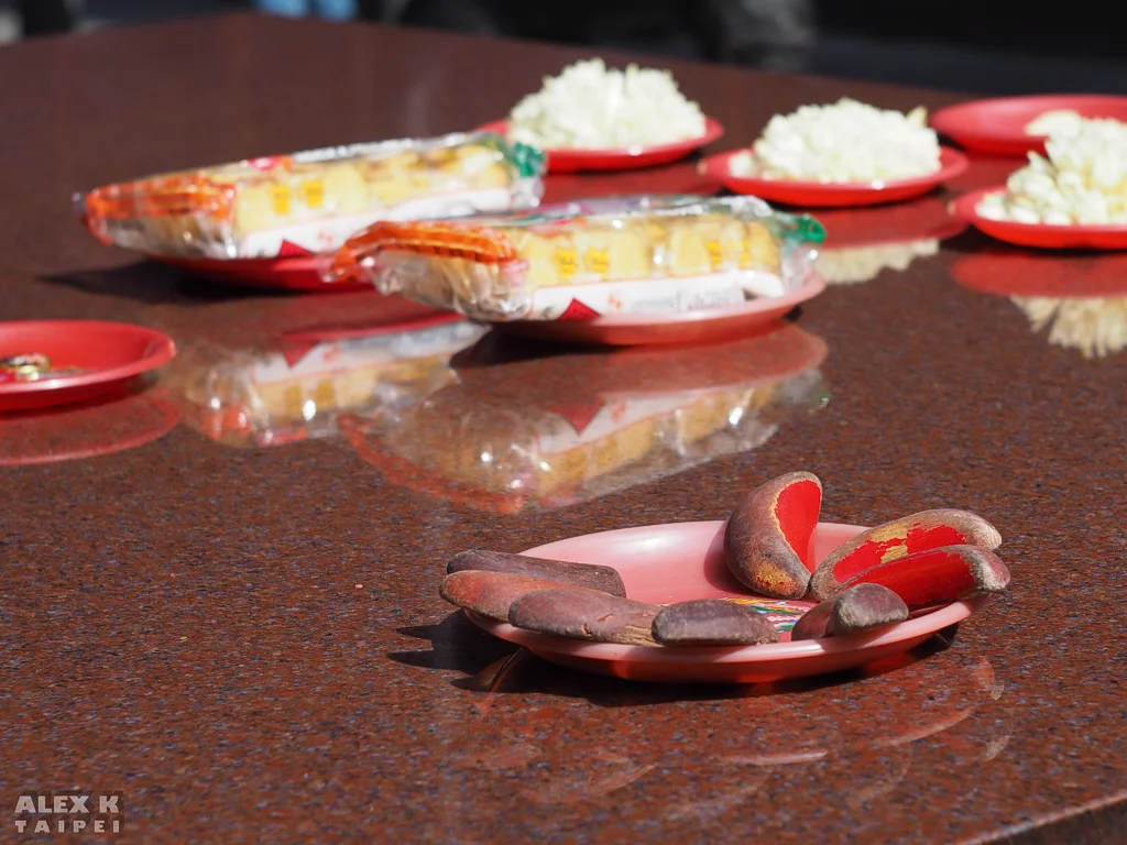 Offerings on a table in a temple in Taiwan. Photo taken with Carl Zeiss Jena Tessar 50mm f/2.8 lens.
