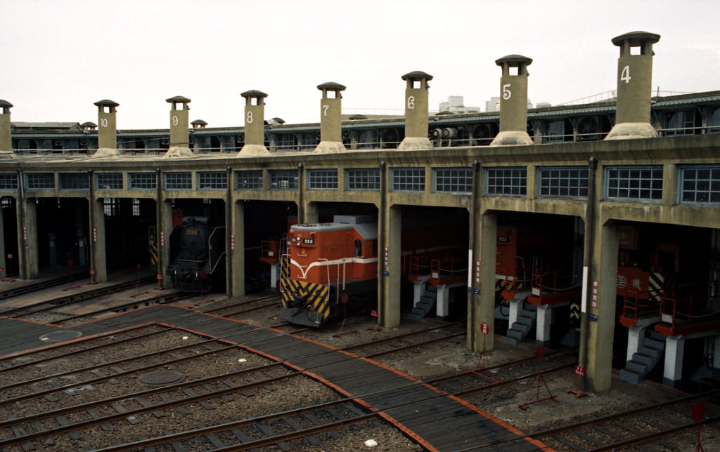 Railway yard with historic roundhouse in Changhua, Taiwan.
