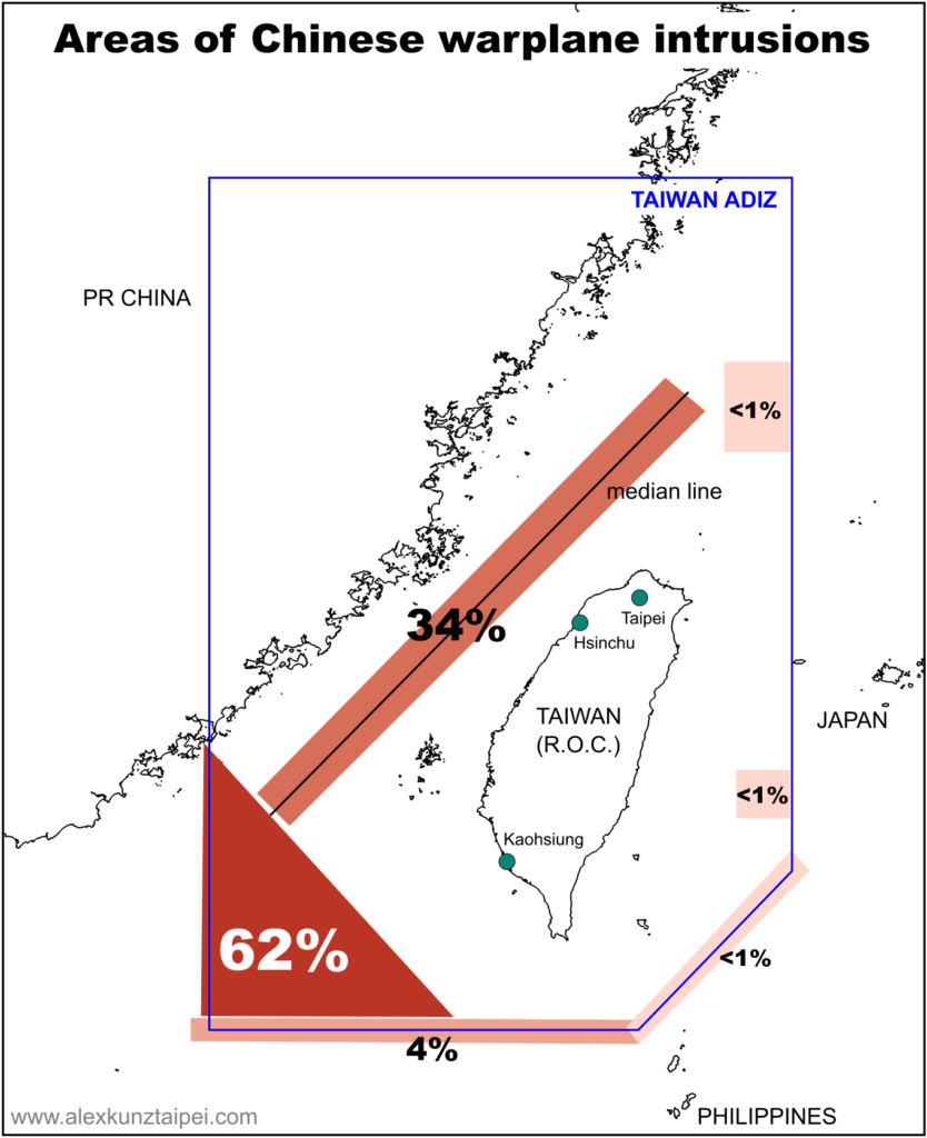 map showing most active regions of Chinese warplane intrusions