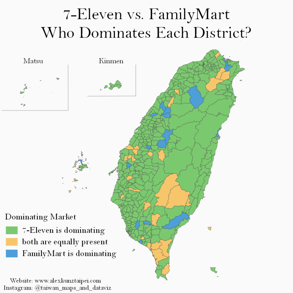 Infographic showing a map of Taiwan. In this map each district is shown and color coded to represent which convenience store chain dominates each district.