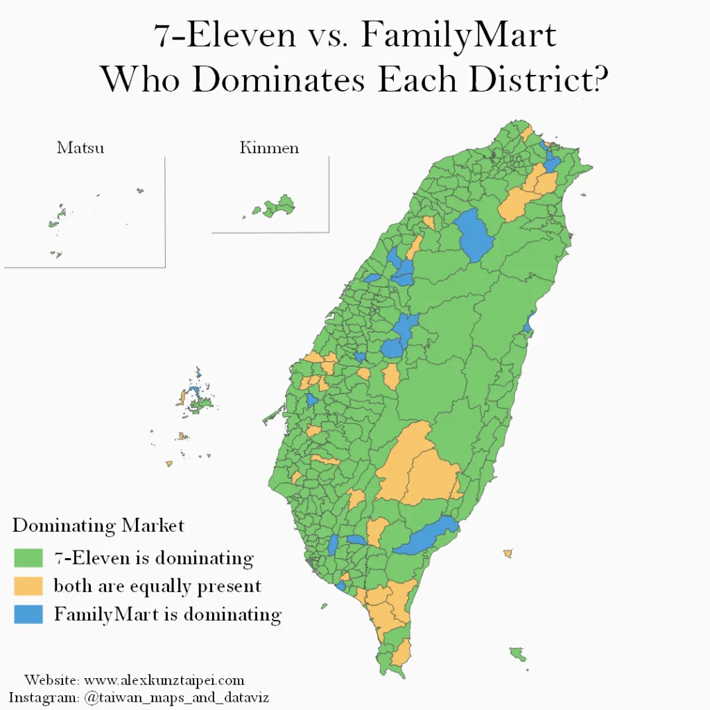 Infographic showing a map of Taiwan. In this map each district is shown and color coded to represent which convenience store chain dominates each district. 