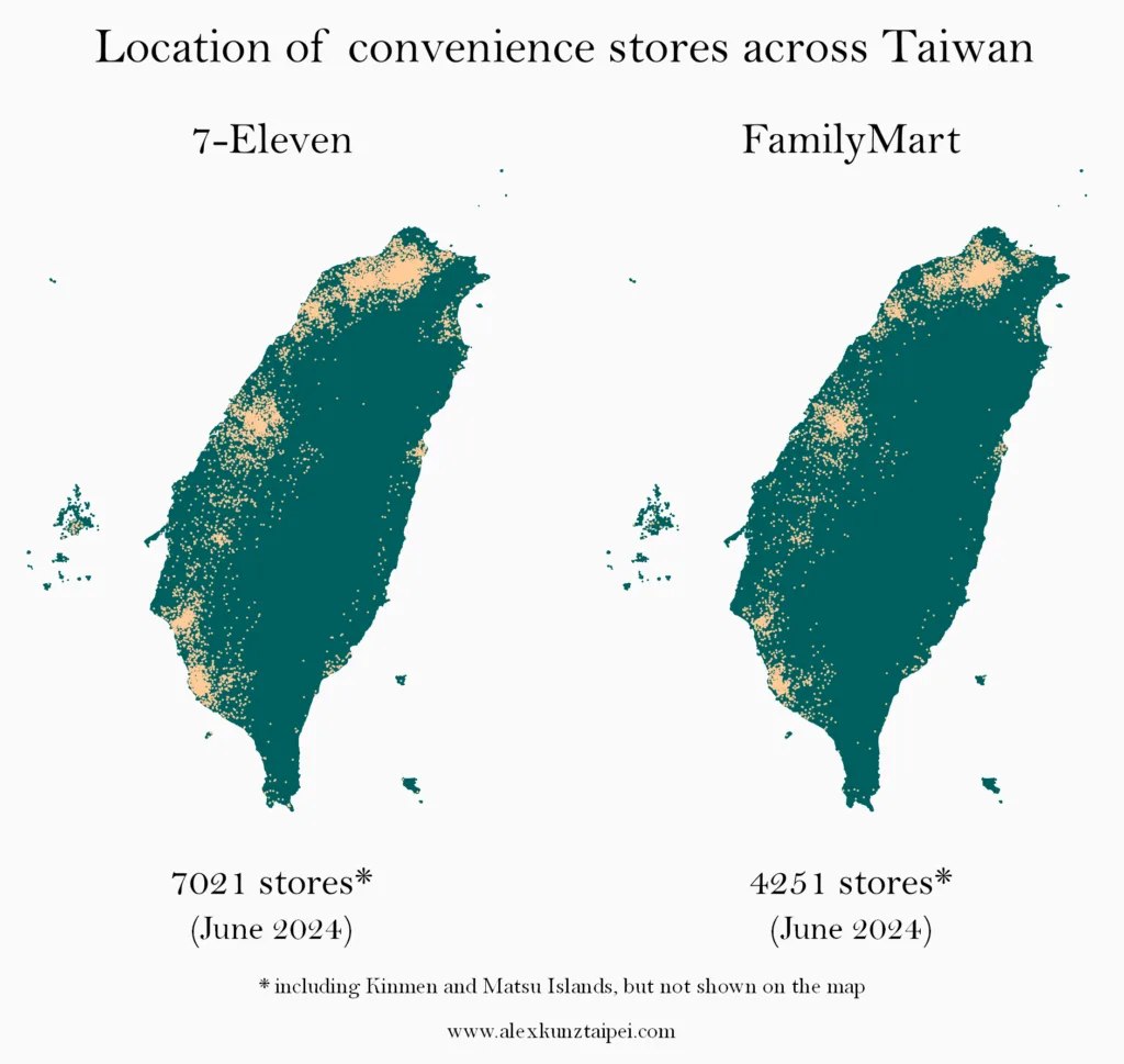 Infographic showing two maps of Taiwan. One has all the locations of 7-Eleven convenience stores and the other map shows the locations of all FamilyMart convenience stores.