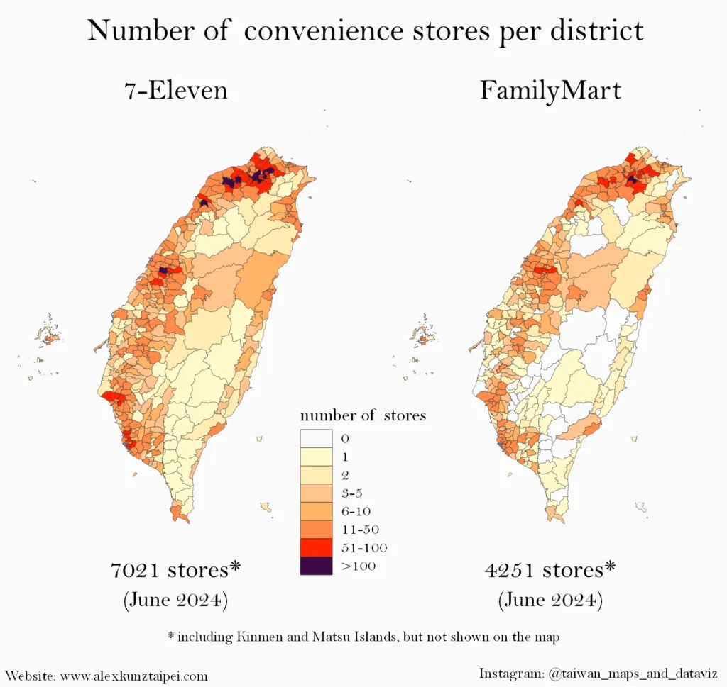 Infographic showing two maps of Taiwan. Each map shows the number of convenience stores per district. One map for 7-Eleven and one map for FamilyMart.