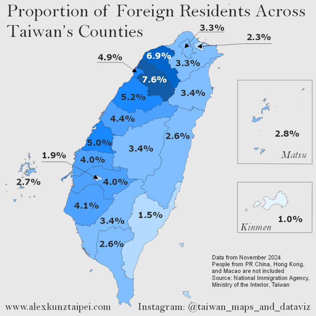 map showing the proportion of foreign residents across Taiwan